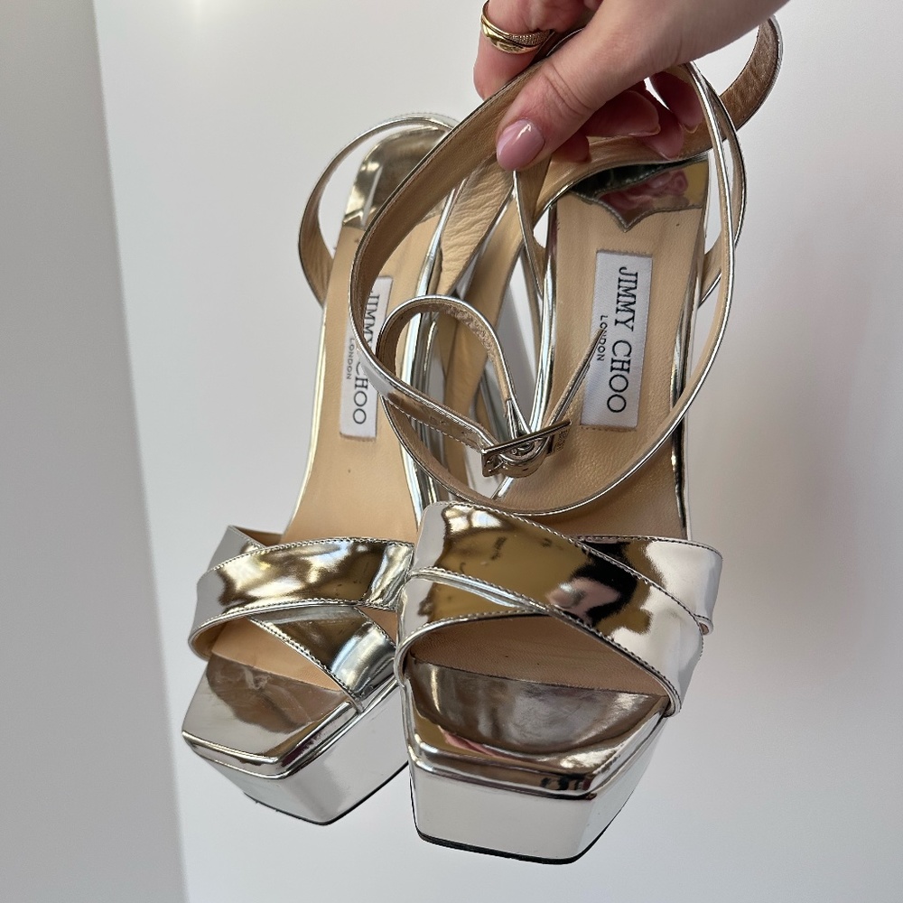 Jimmy Choo Gaia 140 Mirrored Leather Platform Sandals - Picture 9 of 14